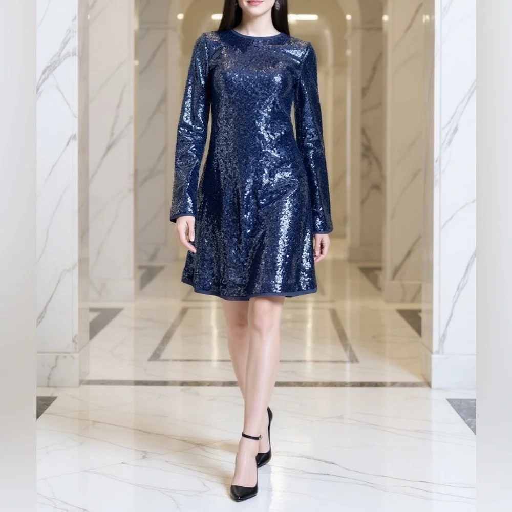 Cupio Navy Sequin cocktail Dress. Long sleeves. Sparkles. - Picture 3 of 9